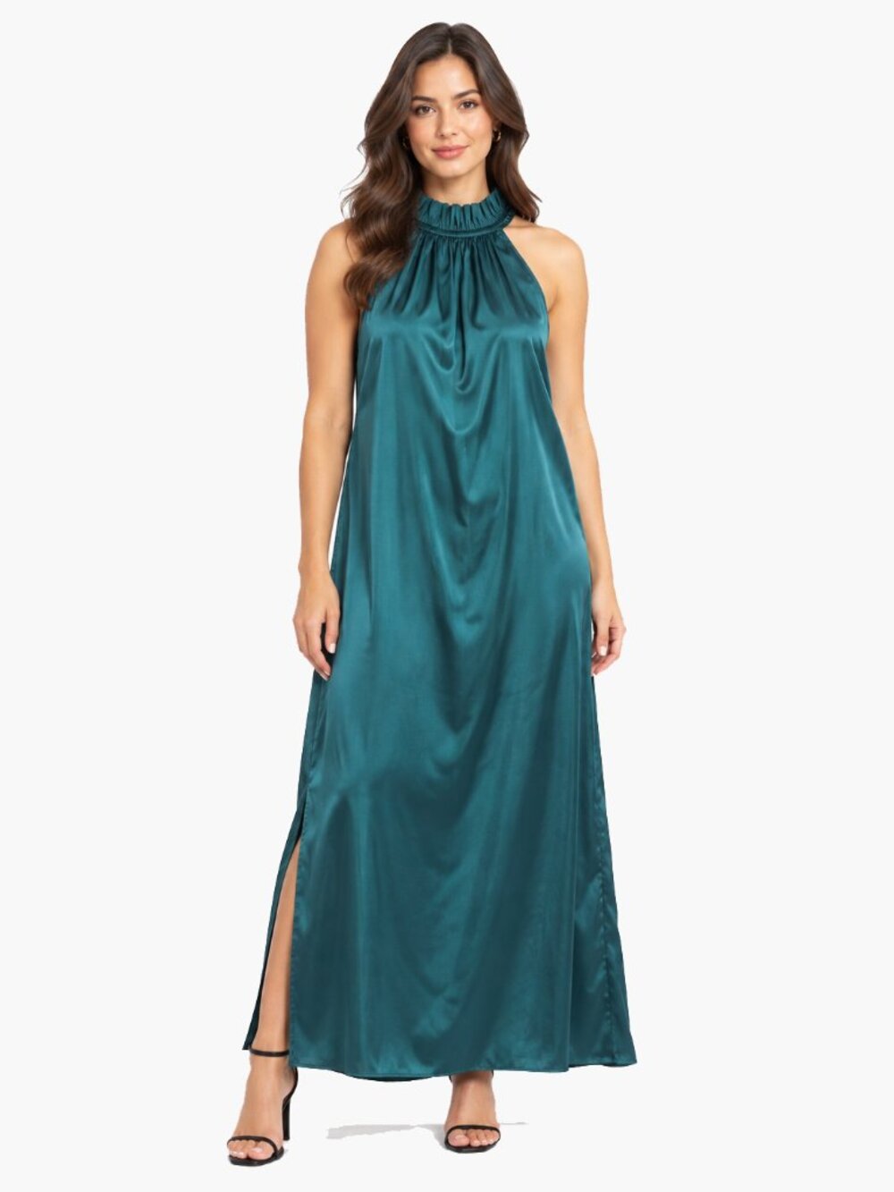 Womens Medium Pacific Teal Halter Neck Maxi Dress Sleeveless Side Slit Stretch